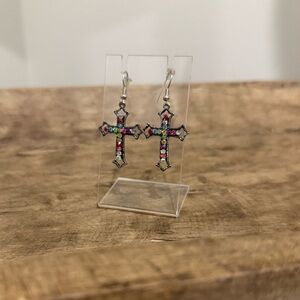 Multi Colored Stone Cross Earrings